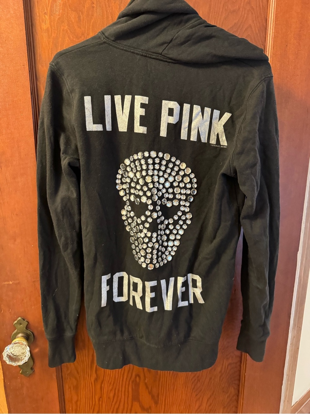PINK Victoria's Secret Black Zip-Up Hoodie with Studded Skull